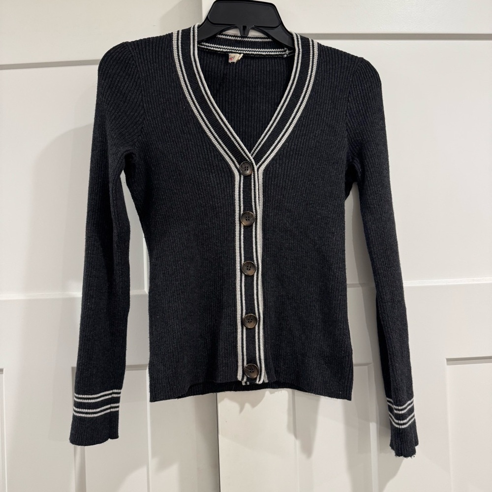 Faherty Mikki Cardigan Sweater, Black Cinder Sideline Stripe, Size Medium - Picture 3 of 13